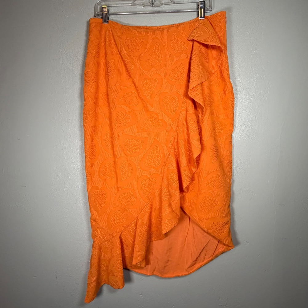 Maeve Anthropologie Orange Heart Jacquard Ruffle Asymmetrical Midi Skirt Size 16